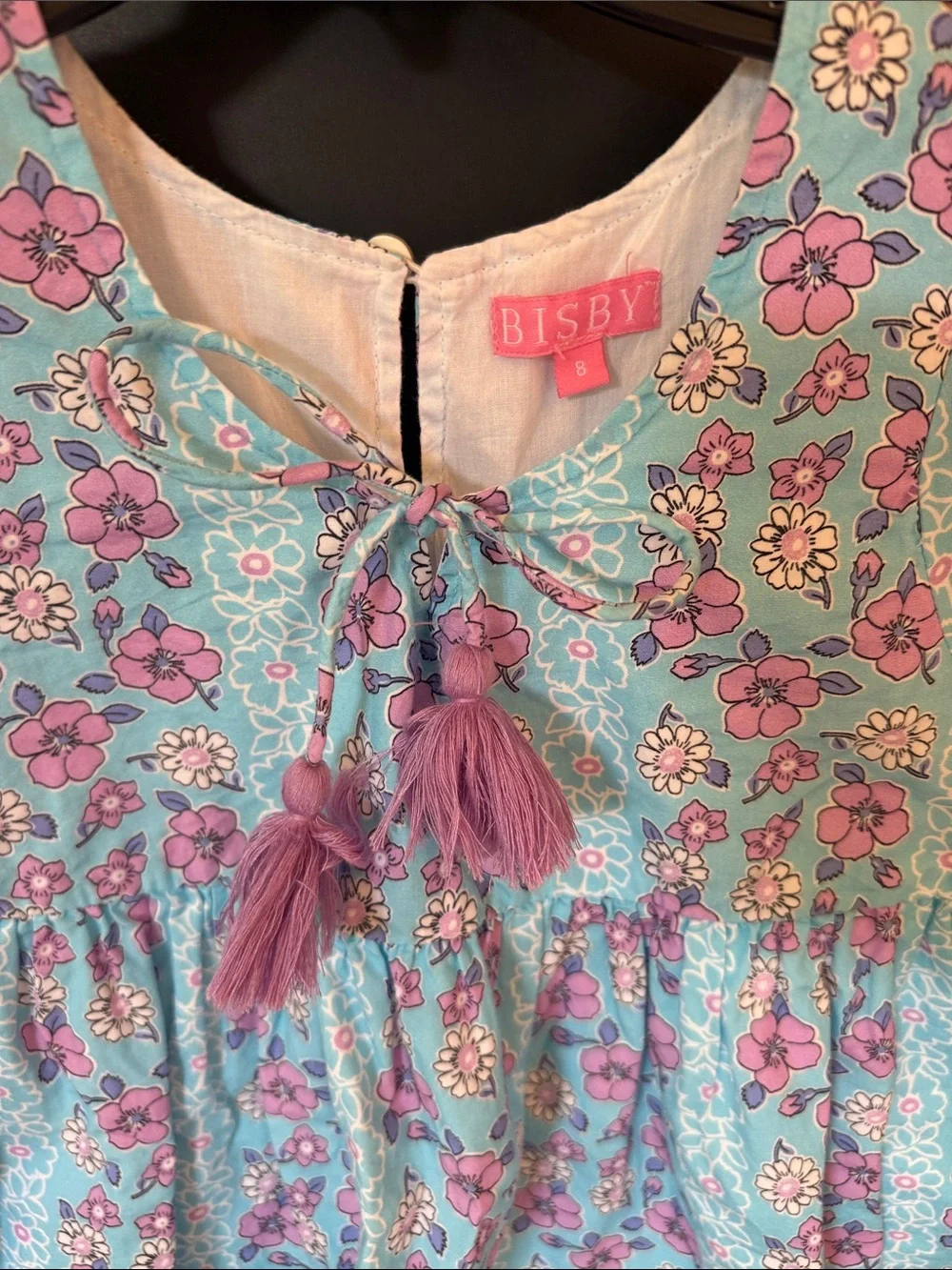 Bisby Girls' Aqua Floral Casual Dress with Tassel